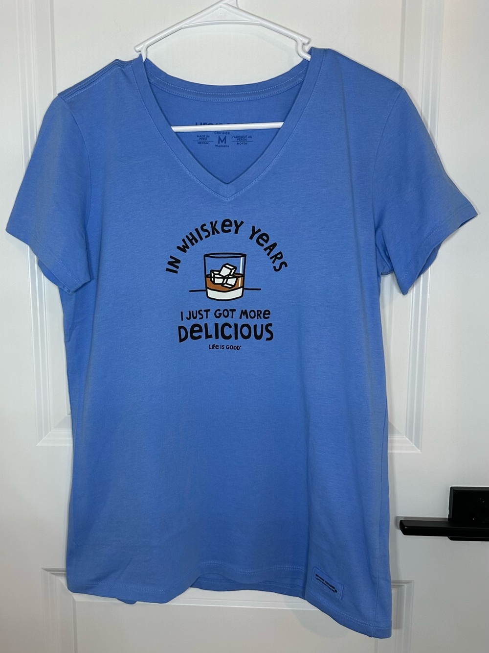 Life Is Good Blue V-Neck Graphic Tee with Whiskey Print